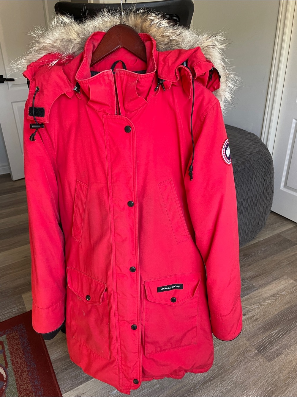 Authentic Canada Goose Med Women's Red Parka with Fur-Trim Hood